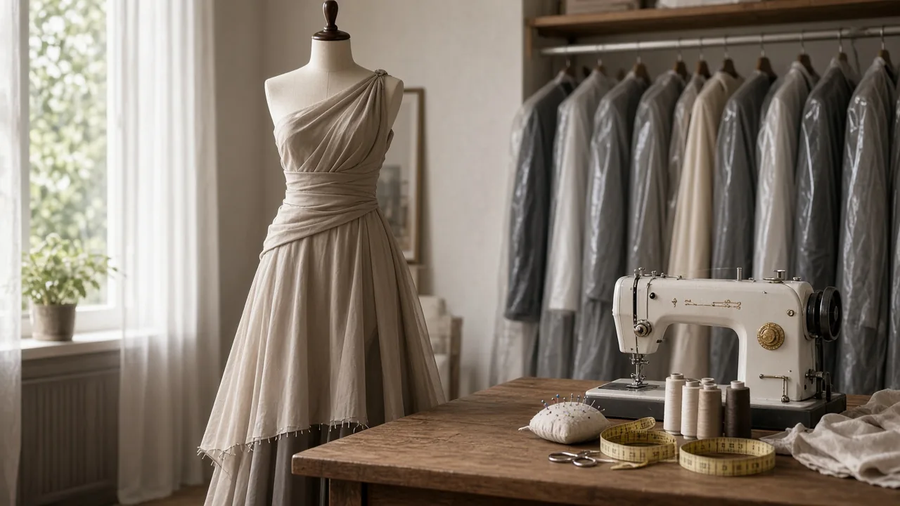 A gown on a dress form with pins along the hem next to a sewing machine, thread spools and garments in cleaning bags